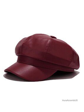 Womens PU Leather Newsboy Cap Paperboy Newsie Bakerboy Cabbie Hat